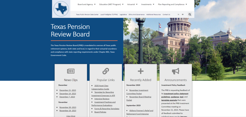 Texas Pension Review Board website hero image