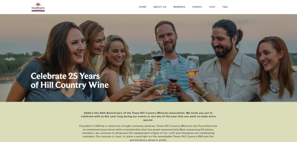 Texas hill country wineries website hero screenshot